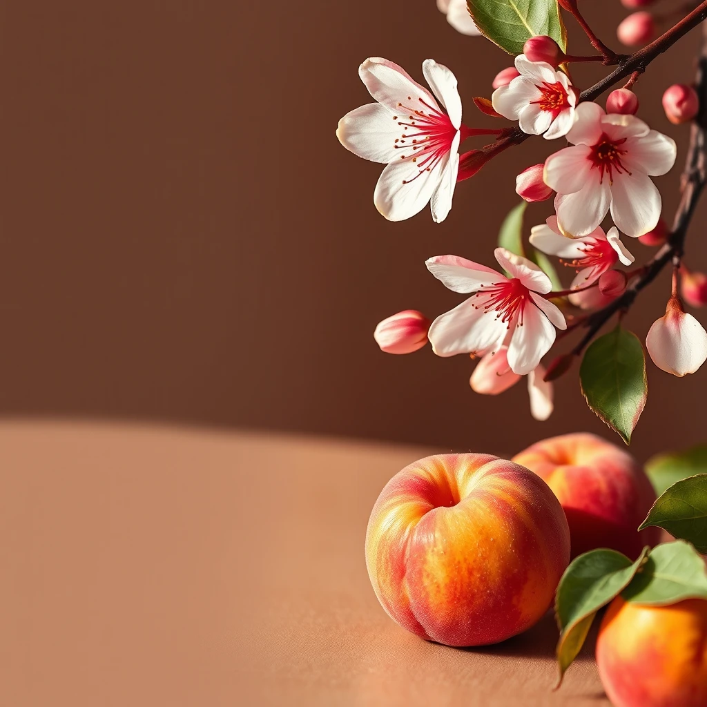 In the upper right corner, peach blossoms are blooming beautifully, and in the lower right corner, luscious peaches with a hint of gold are placed on the table. On the left, there is enough space for text. The overall image has an autumn mood and color tone. - Image