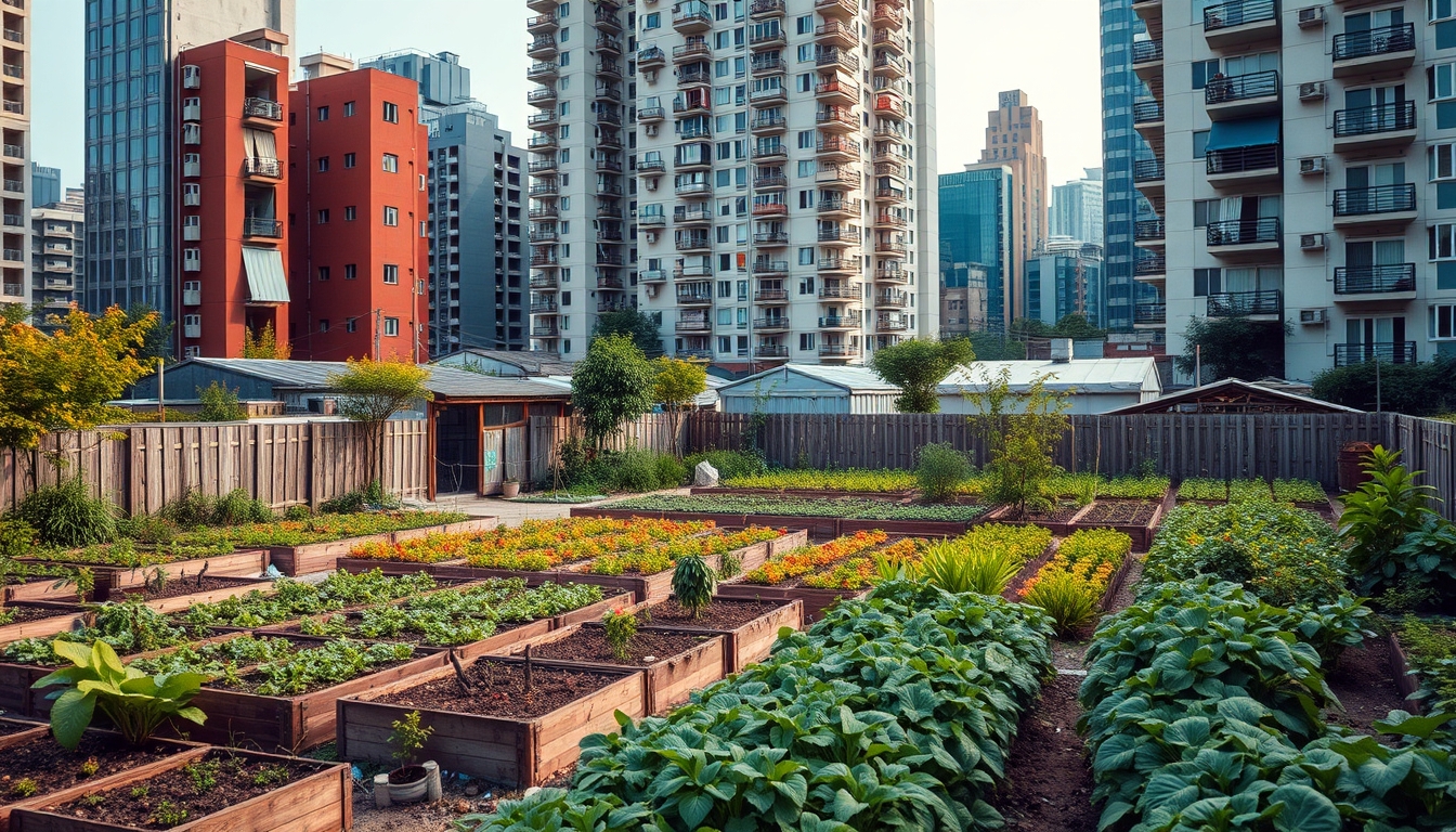 Urban farm or community garden amidst high-rise buildings, showcasing urban agriculture. - Image