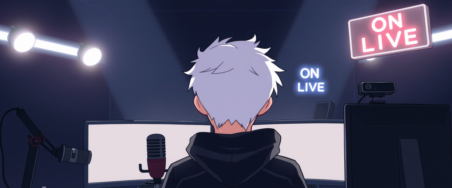 Illustration of a boy with white hair and a black hoodie in a gaming setup with spotlights in front, looking at two monitors with a black screen in a black room with dim white neon lights, and a small white sign that says ON LIVE in the upper right corner. There is a podcast-style microphone on his left side and a webcam on top of a monitor on his right side.