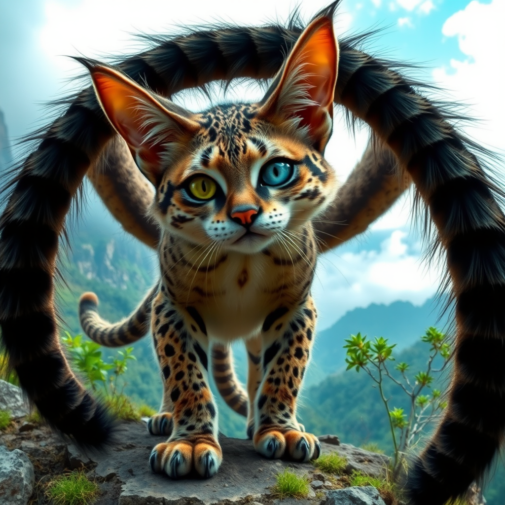 A monster wild cat with only one eye, four ears, and three tails, nearby the China mountain. - Image