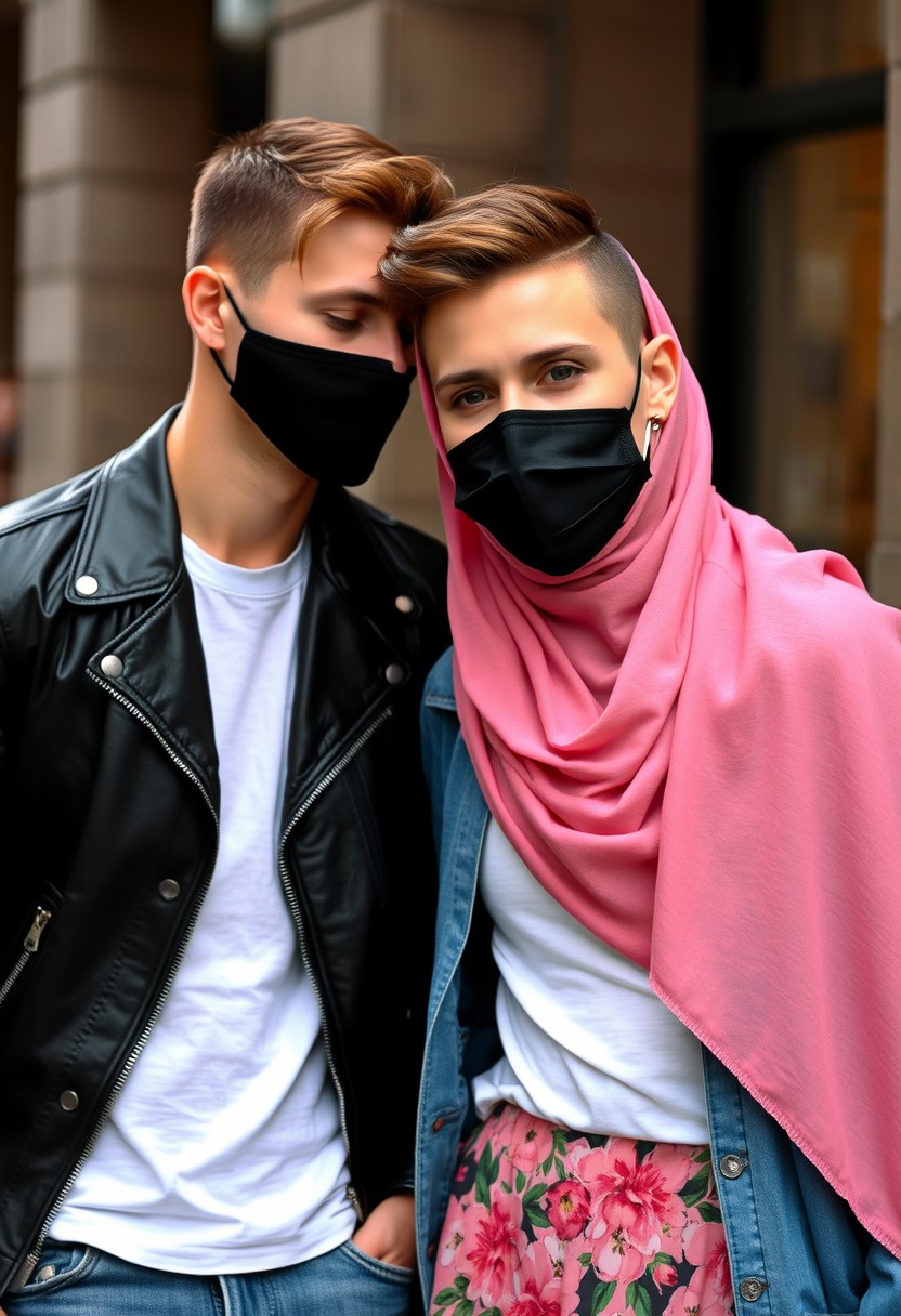 Jamie Dornan's face, hair, and body shot, handsome, young, shaved, white T-shirt, blue jacket, jeans, dating love with the biggest soft pink hijab, black leather jacket, black face mask, biggest floral skirt, hyper-realistic, street photography.