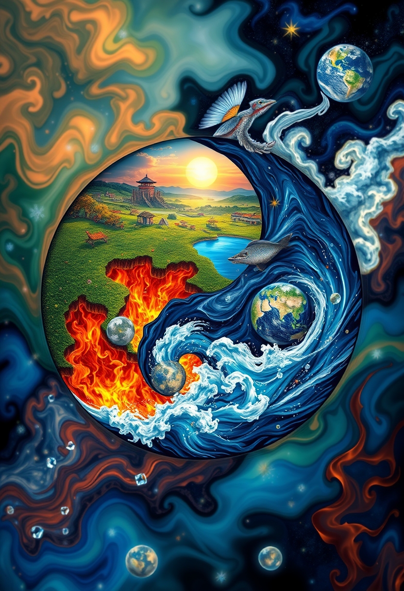 Wallpaper art, yin and yang symbol, filled with scenes and examples of the 4 elements: earth, water, fire, air, vivid colors, positively emotional. - Image