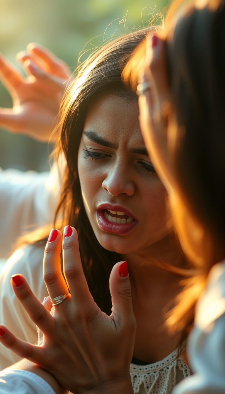 Malay young women's demonic possession scene, exorcism horror style, intense expressions. Shadow Casting, golden hour, bokeh.