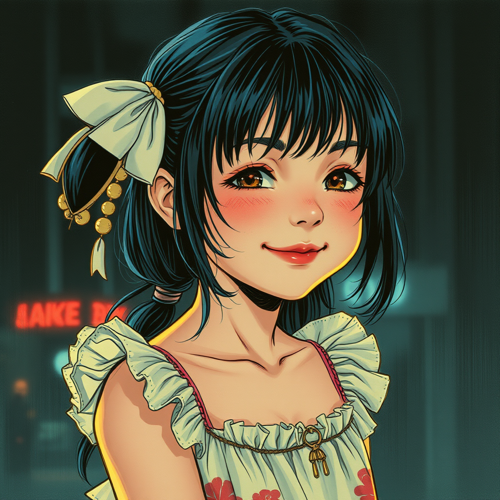 Tender smile on a young girl in a summer dress. Dark fantasy style, 90s drawing, Katsuhiro Otomo style. Noir vibe with neon color details, cyberpunk.