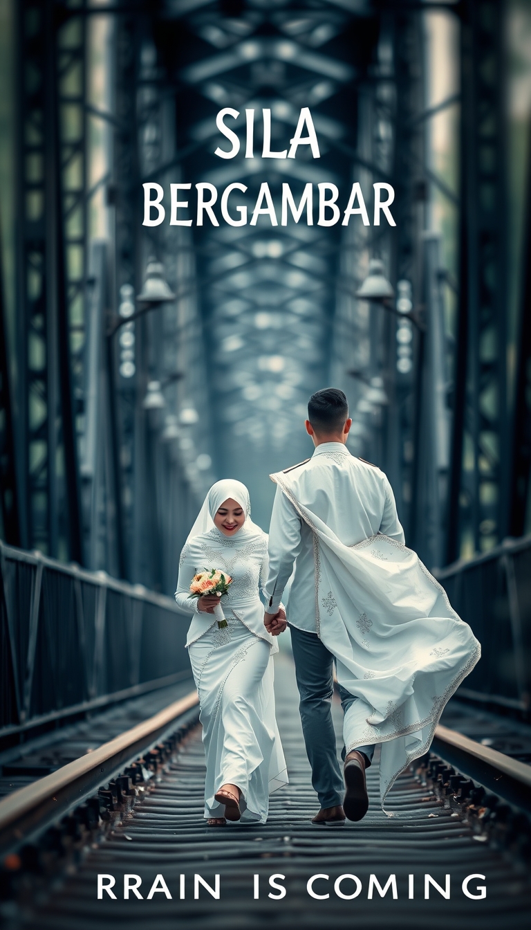 A captivating and surreal photograph of a couple adorned in traditional Malay white wedding attire. The bride dons a stunning "pengantin" outfit, while the groom stands tall and confident. They are seen racing towards a mysterious and ominous black metal bridge. The bridge symbolizes their passage into a new chapter of their lives together. The Malay text "SILA BERGAMBAR" hangs above them, adding an enigmatic touch. The dramatic scene is further intensified by a bokeh background and the TRAIN IS COMING. This image masterfully blends love, adventure, and suspense, creating a unique fusion of emotions. - Image