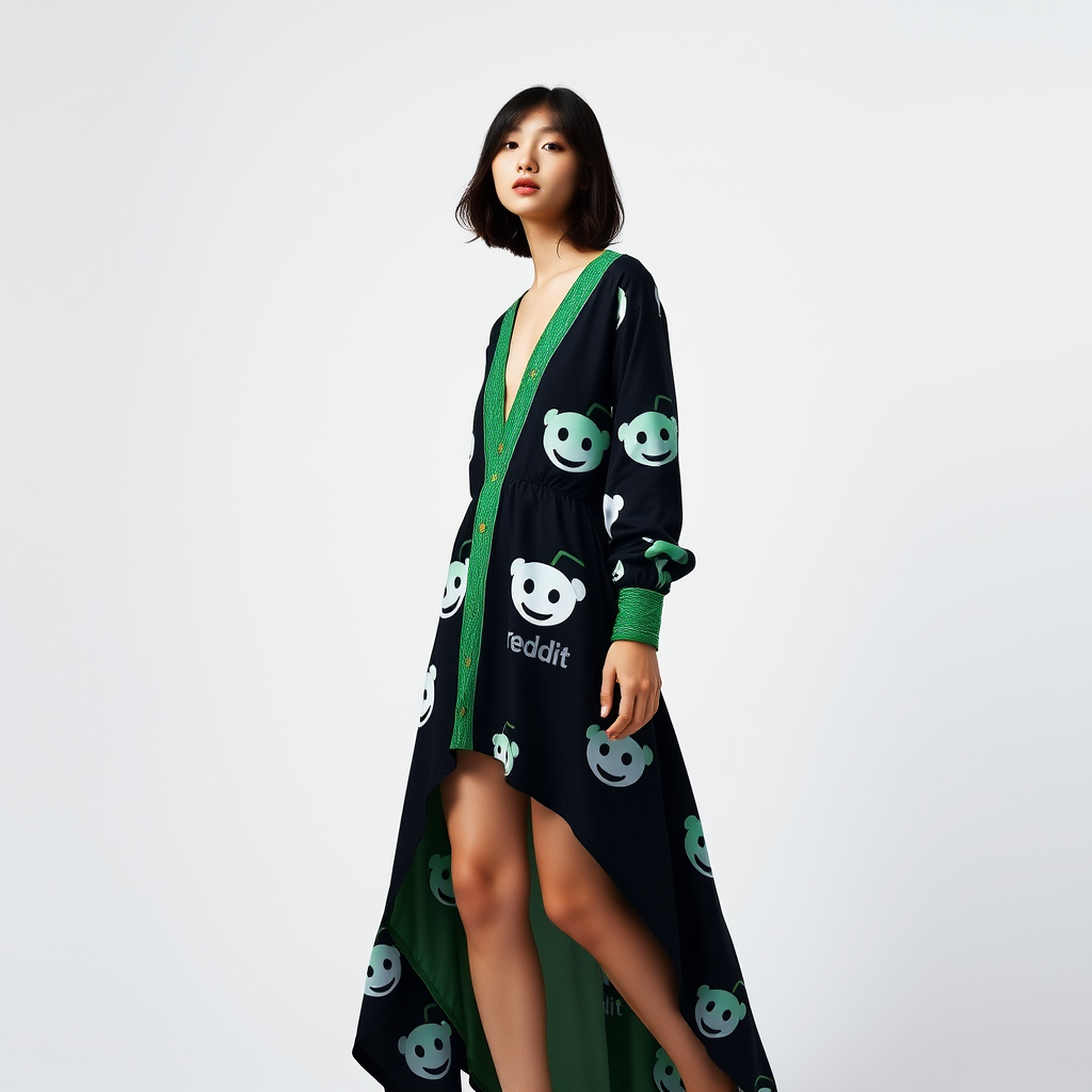 A Japanese model posing in a black and green, cotton, V-neck, high-low, low in the front with the train, long sleeve, and Reddit logo pattern, shot in the studio, studio shot, high fashion photography, in a photograph of Alasdair Mclellan.