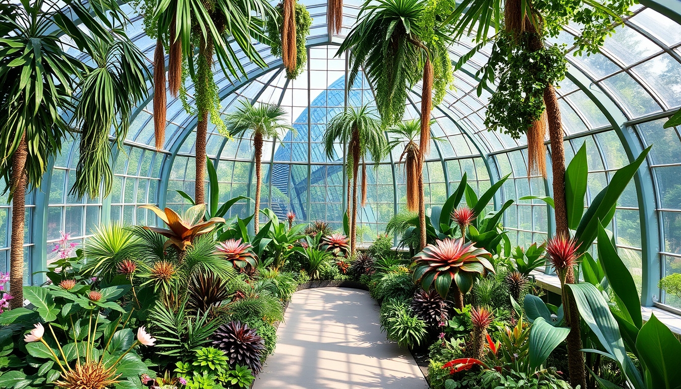 A stunning glass-enclosed botanical garden, filled with exotic plants and flowers. - Image