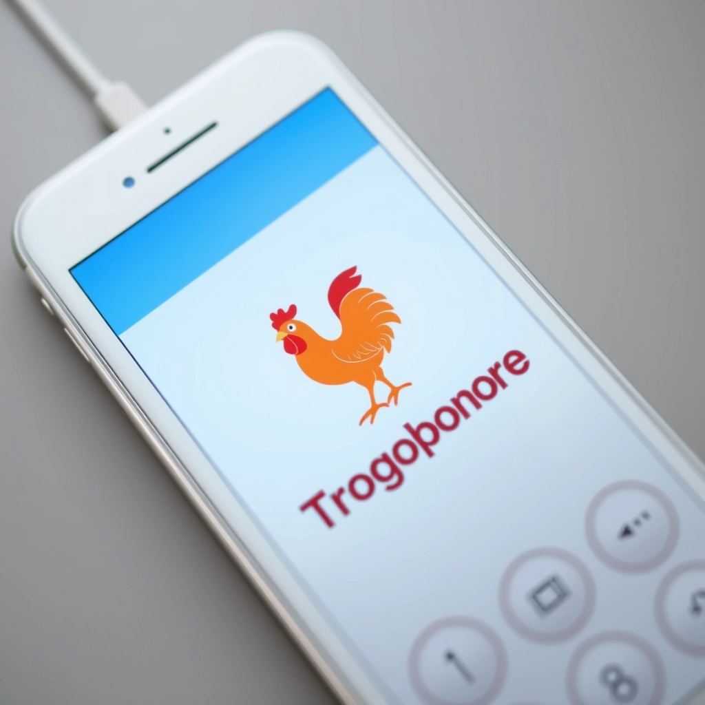 Cell phone with name "Trogophone" and rooster emblem.