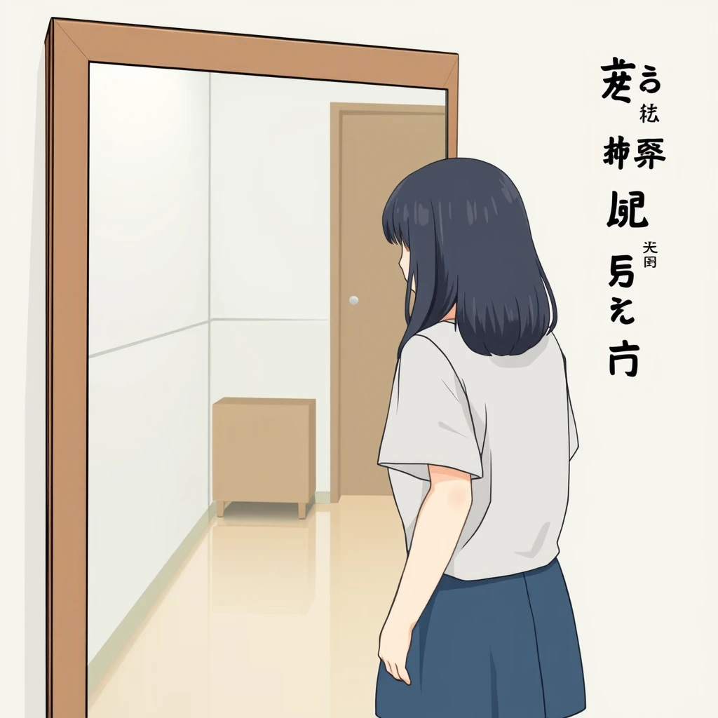 A female student is looking in the mirror. Note that she is looking in the mirror, a full-length mirror, and can see her shoes. Additionally, there should be Chinese characters or Japanese. - Image