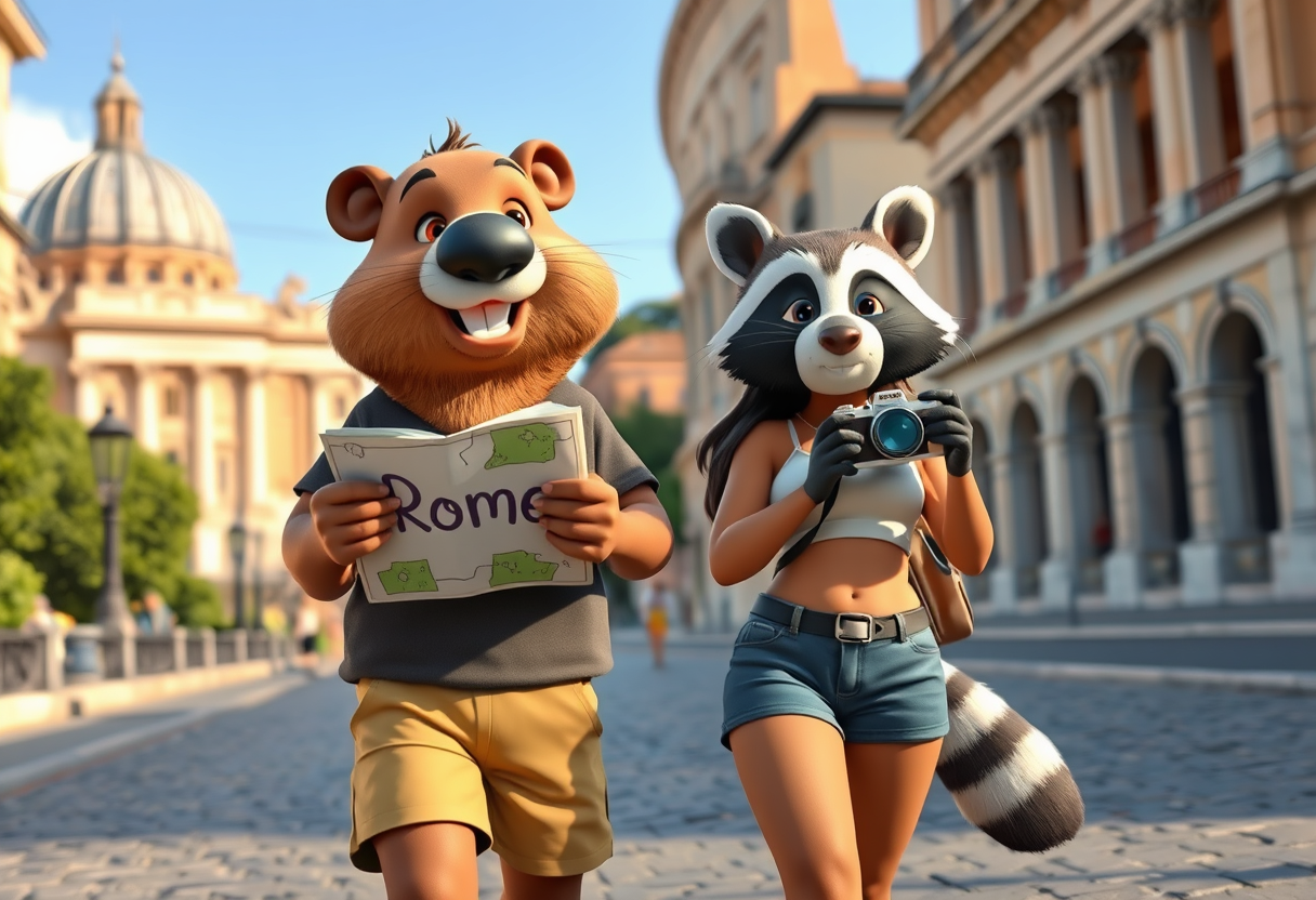 Create a charming scene of a beaver guy dressed in shorts and a t-shirt and a raccoon girl dressed in a crop top and shorts, both smiling as they casually stroll through the picturesque streets of Rome. The beaver should hold a map with the word "Rome" written on it, eagerly pointing out landmarks, while the raccoon should carry a small camera, filming their adventures. The duo should look cheerful and curious, enjoying their whimsical journey together. Surround them with iconic Roman elements: the Vatican, the Colosseum. The vibrant colors of the historic buildings should complement the vibrant atmosphere. This photo should evoke a sense of wonder, camaraderie, and playful exploration in one of the most beautiful cities in the world. 3D Cartoon Pixar Style, Photorealism.