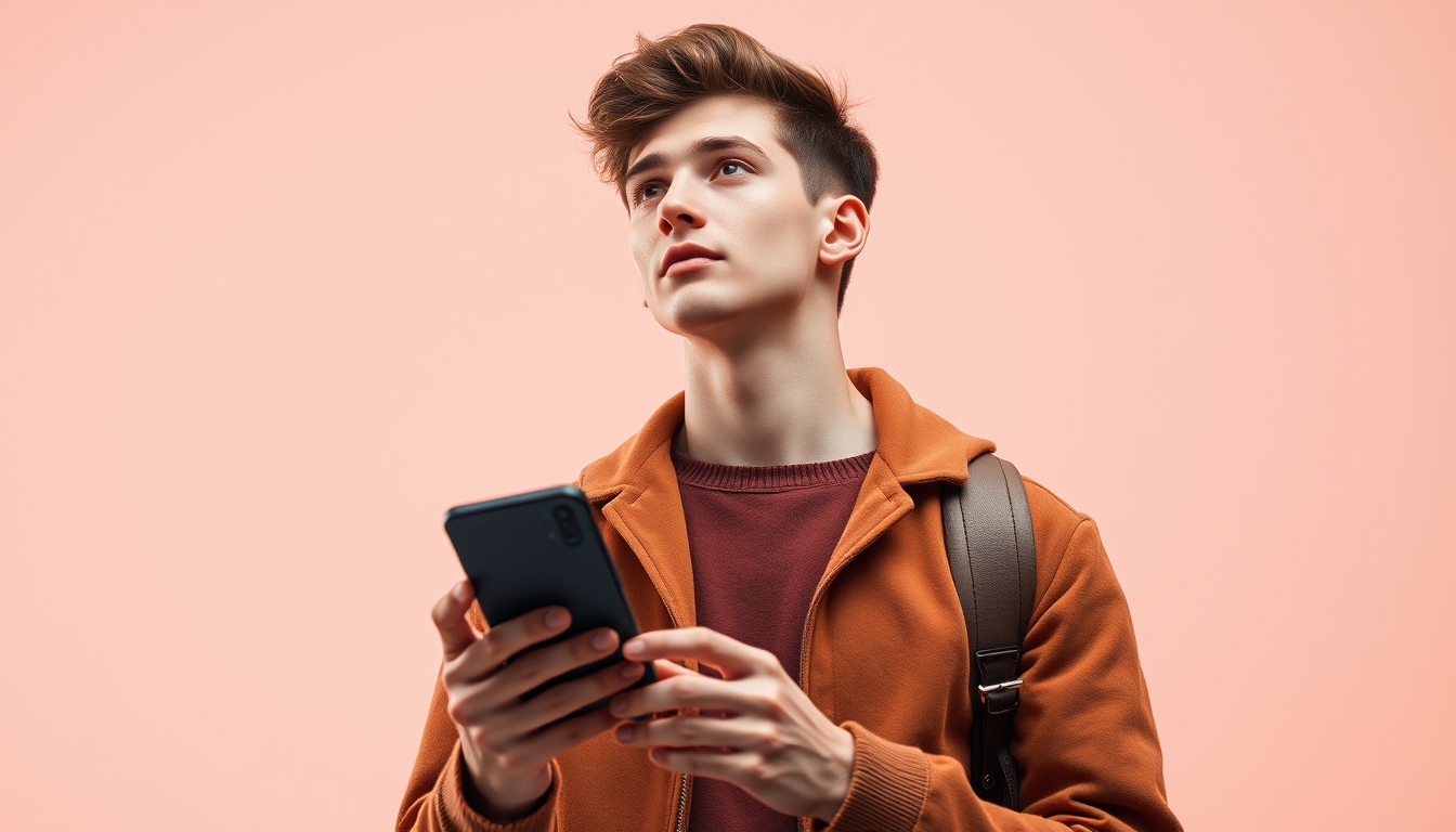 Photo portrait of a pretty young male holding a gadget, looking into empty space, wearing a trendy brown outfit, isolated on a color background, 8k UHD, high detail. - Image