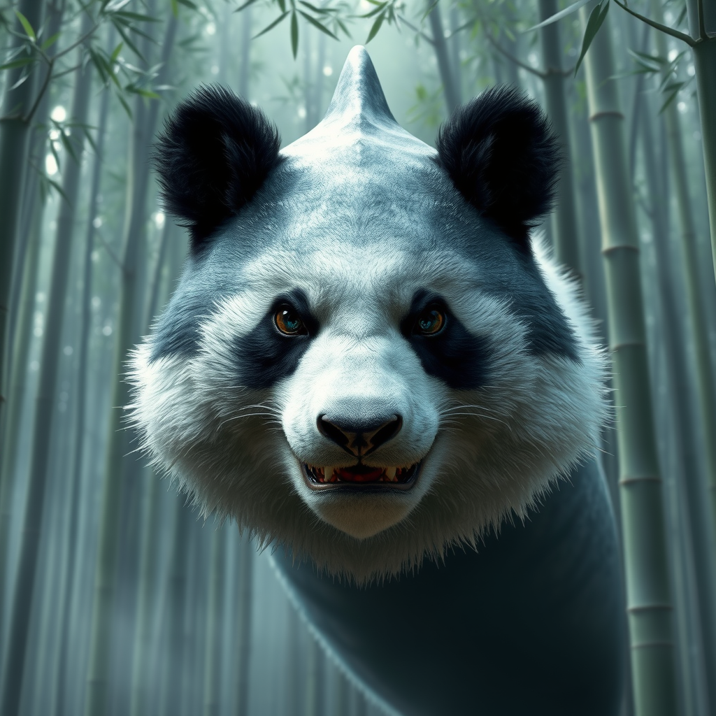 Three-quarter view of a surreal hybrid creature: half-shark, half-panda, seamlessly blended. Hyperrealistic rendering with intricate details—sleek, metallic shark skin transitioning into soft, fluffy panda fur. Piercing eyes reflect ancient wisdom. Positioned majestically against a misty bamboo forest backdrop. Atmosphere exudes both power and gentleness.