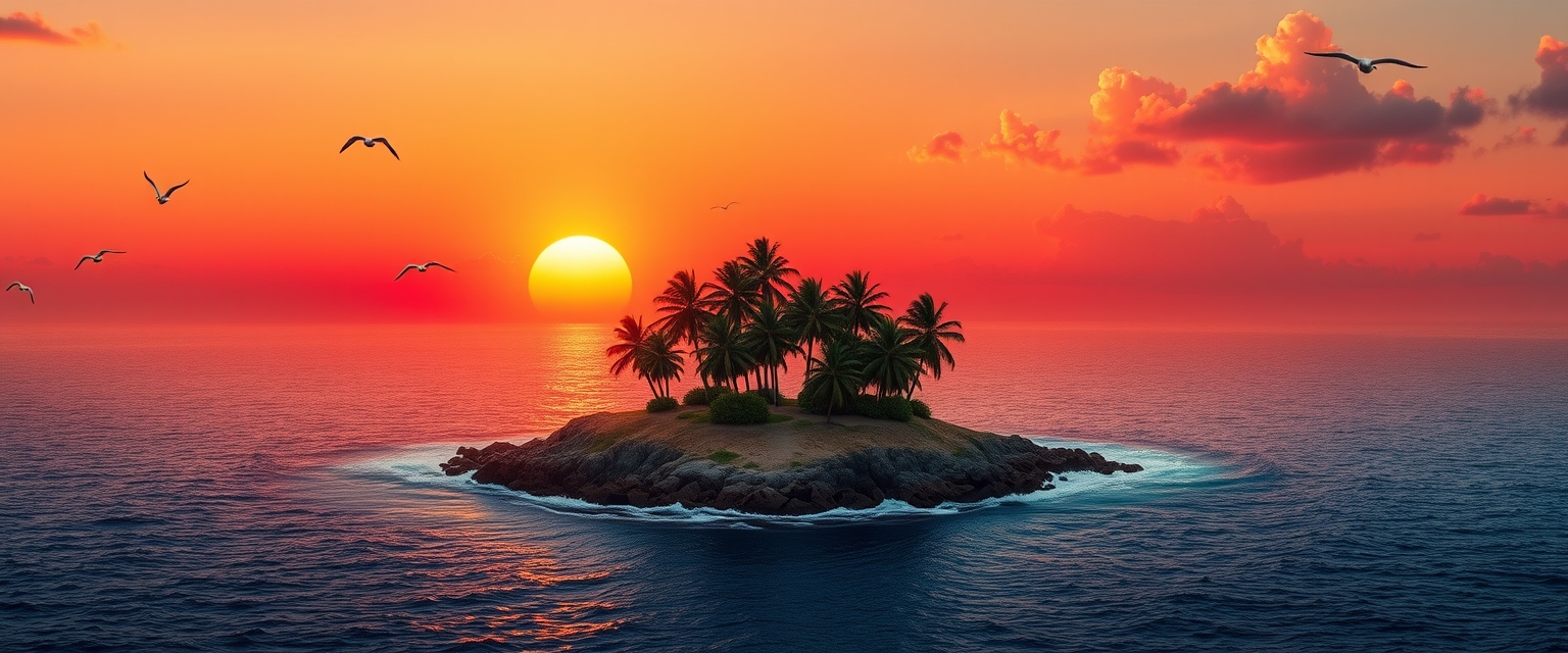 A beautiful view of a small island in the middle of the ocean, with some palms in the center of the island, at sunset, with suns in the background. The suns reflect on the ocean, the sky has reddish shades, there are some clouds in the sky, and some seagulls are flying in the sky.