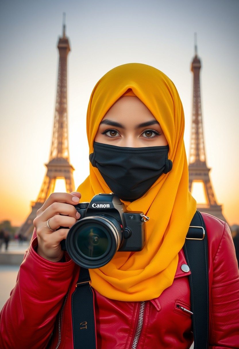 Biggest hijab yellow Muslim girl, beautiful eyes, face mask black, red leather jacket, black biggest skirt, hold camera DSLR CANON, sunrise, morning scenery, Eiffel Tower, hyper realistic, street photography. - Image