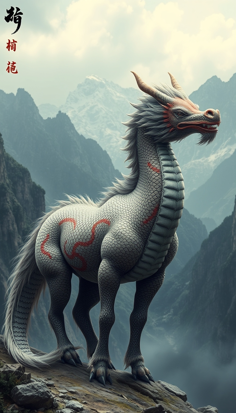 (ultra realistic) an oriental dragon combined with a hairy horse body, in a mountainous background of China. - Image