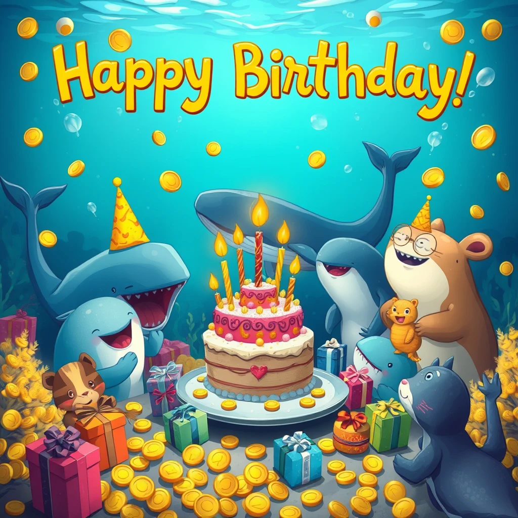 Animals are celebrating a birthday, with whales, many gifts, a cake in the center, a joyful atmosphere, and the background is underwater, filled with gold coins, in a cool style.