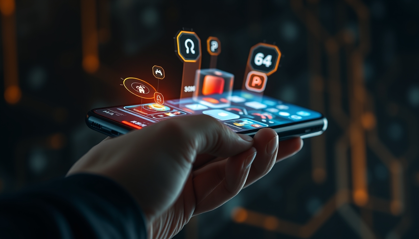 A close-up of a hand holding a futuristic smartphone, with holographic interfaces and glowing icons, set against a dark, tech-inspired background. - Image