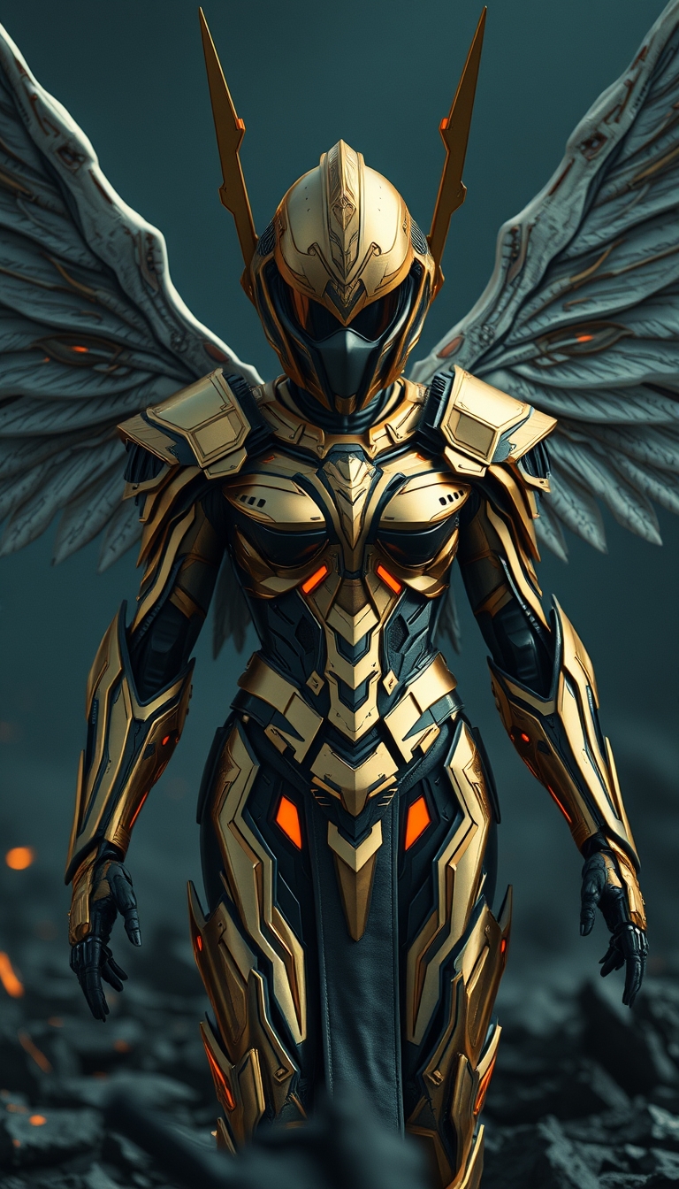 Cinematic shot of a cyborg female battle angel rising from ashes, golden regal Valkyrie armor, futuristic, full smooth helmet, standing on a battlefield, movie scene, film grain, realistic, shot from below, dark lighting.