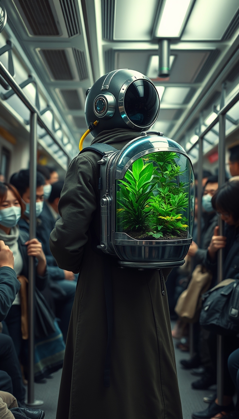 Image of a humanoid octonaut wearing a long jacket in a crowded subway train, wearing a transparent, cylindrical backpack terrarium filled with neon lush greenery and small plants. The terrarium has metallic accents and a neon hose connected to it, giving it a futuristic look. The subway is filled with human passengers, many of whom are wearing masks and holding onto the handrails. The setting is busy and urban, highlighting a contrast between the natural elements in the terrarium and the modern, bustling environment. --ar 3:4 --style raw --s 750 --v 6.0