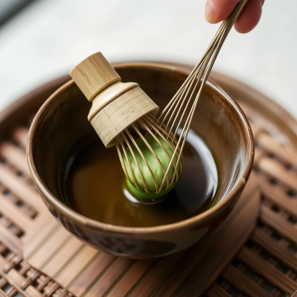 A bamboo chasen whisking matcha in a tea bowl.