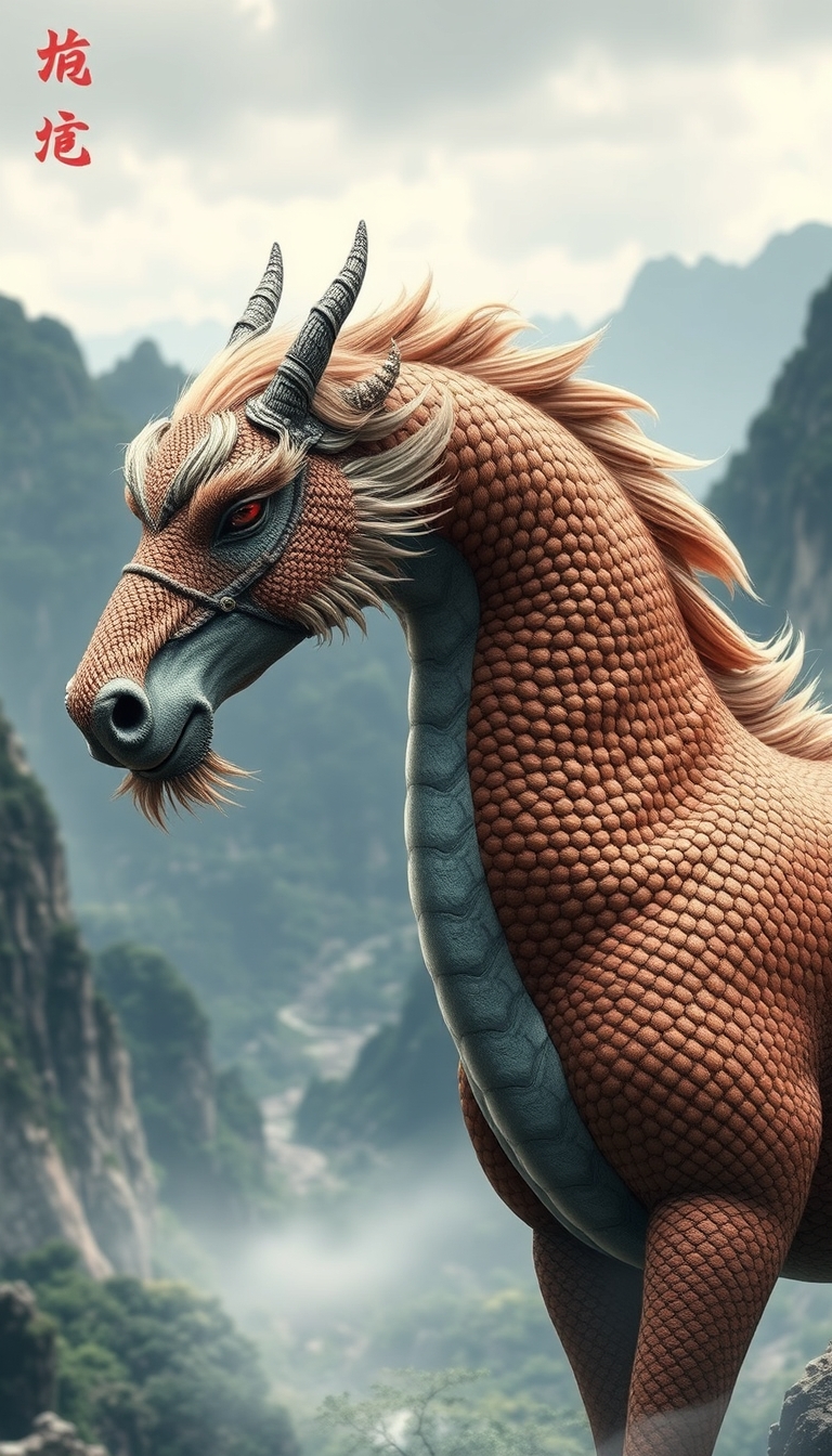 (ultra realistic) an oriental dragon combined with a hairy horse body, in a Chinese mountain background. - Image