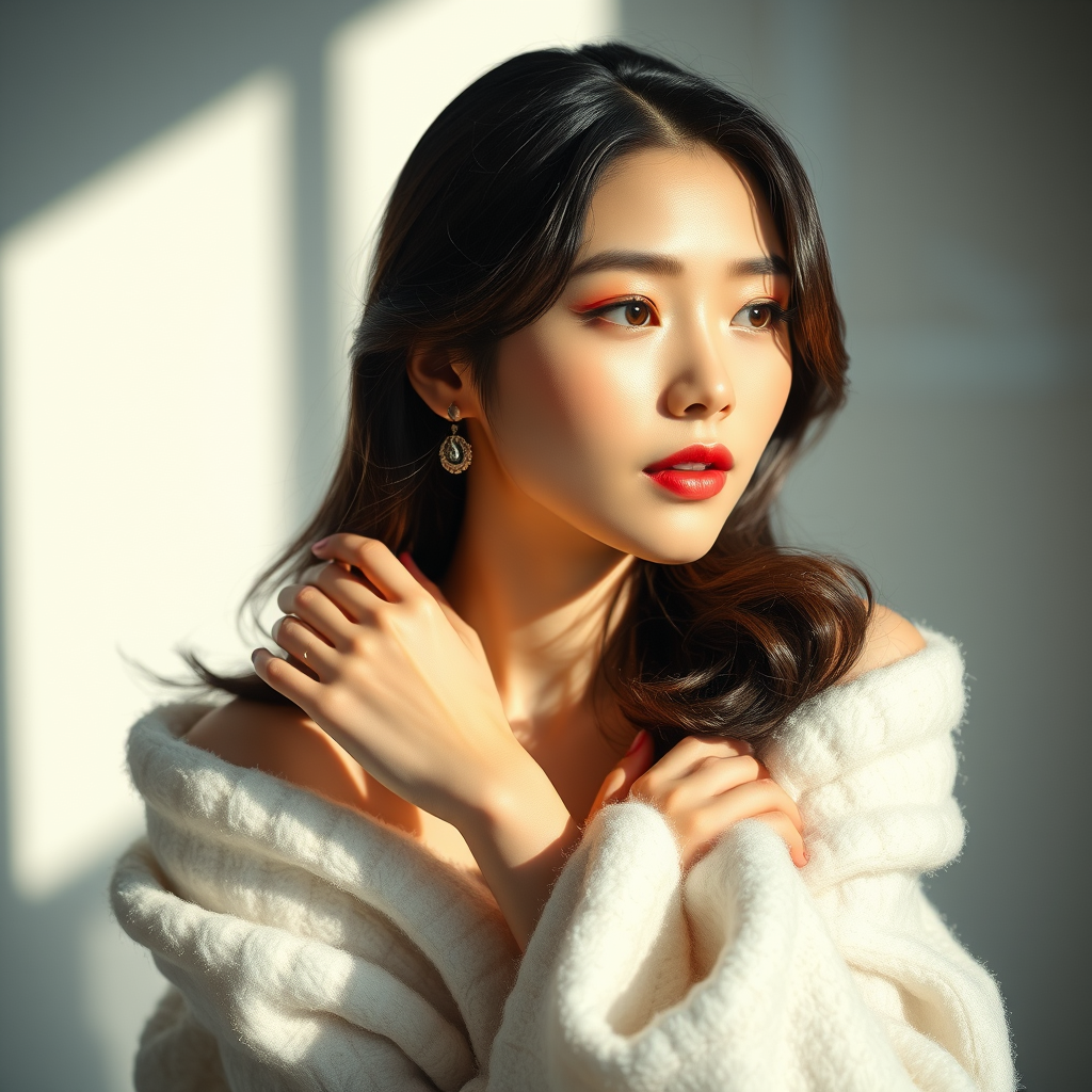 Graceful Korean model, exuding charm and poise, captured in a high-fashion photography setting that harmoniously combines artistic elements with a touch of allure. The image highlights a refined presentation of elegance, featuring high-definition textures and meticulous lighting, showcased in an elegant aspect ratio, full-body, snow white.