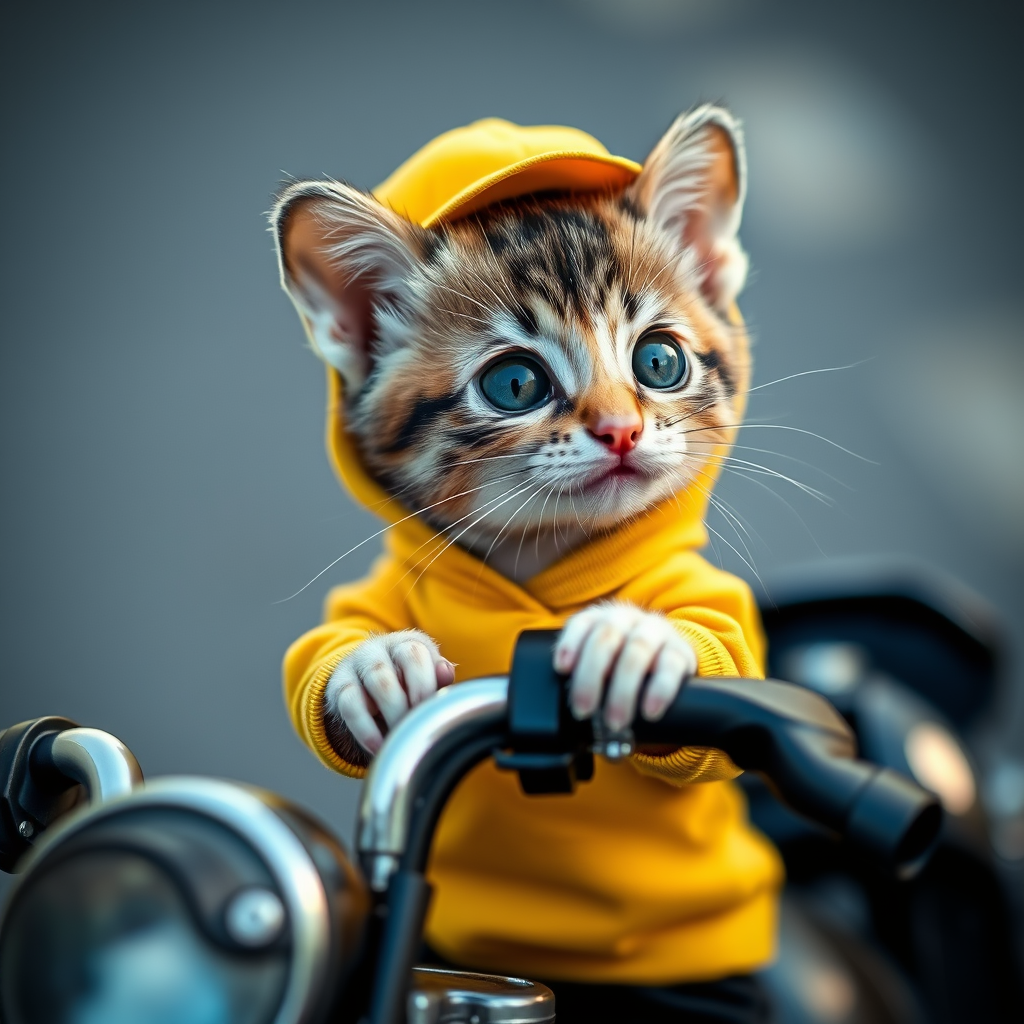 The smallest mouse in the world, a super mini kitten, this cat is a takeaway worker, has beautiful eyes, wearing a yellow takeaway costume, riding a motorcycle, road background, anthropomorphic, photo real, photo real, classic composition, masterpiece, exquisite, color correction, amazing visual effects, crazy details, intricate details, sharp focus, HD, 32k. - Image