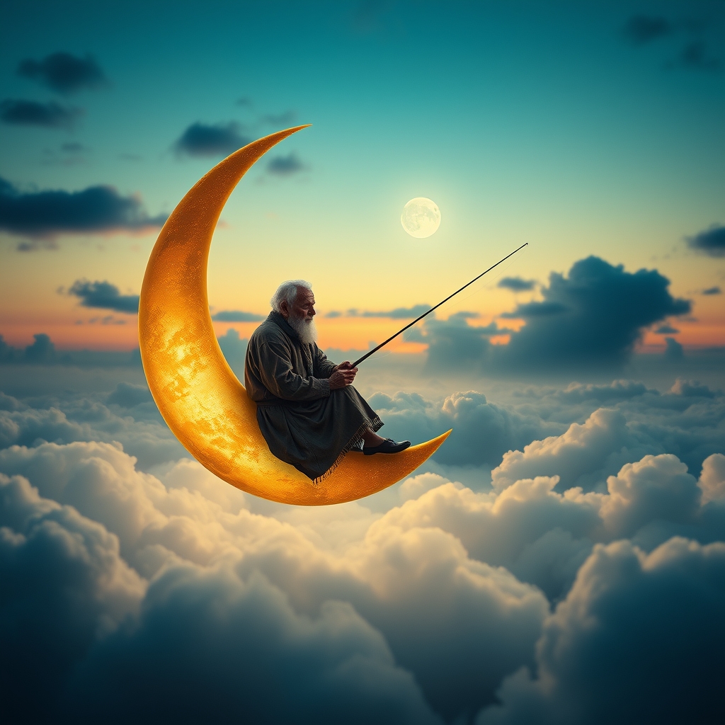 An old man sits serenely on a crescent moon, fishing among the clouds. The scene has an evening, tranquil atmosphere. It’s dreamy and whimsical. Deep depth of field, photography, National Geographic photo, Hyper-realistic, 16k resolution, masterpiece, award-winning artwork, many details, extremely detailed, full of details, wide range of colors, high dynamic. - Image