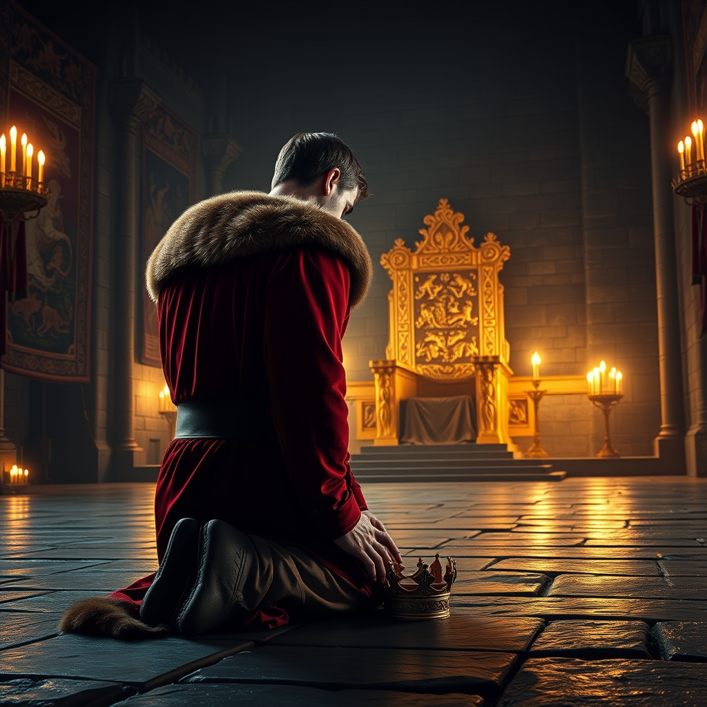 Main Character: A handsome and muscular king in his late 30s, with short, dark hair and a chiseled jawline. He wears a regal crimson robe trimmed with ermine fur, a heavy gold crown rests on the floor beside his bowed head. His powerful frame trembles slightly as he kneels, his head touching the cold stone floor, his back towards the viewer.

Background: The immense hall of a medieval castle, lit by flickering torches that cast long, dancing shadows across the scene. Intricate tapestries depicting scenes of heroic battles and mythical creatures adorn the stone walls. At the far end of the hall, bathed in the warm glow of the torches, sits a massive golden throne, its surface intricately carved with scenes of past kings and mythical beasts.

Visual Style: Photorealistic, captured with a shallow depth of field to focus on the king's submission before the grandeur of the throne. The lighting should be dramatic and moody, emphasizing the power and weight of the throne while also highlighting the vulnerability of the king in his pose. The overall color palette should be rich and dark, with the deep reds and golds of the king's robe and the throne contrasting against the cool grays of the stone walls.