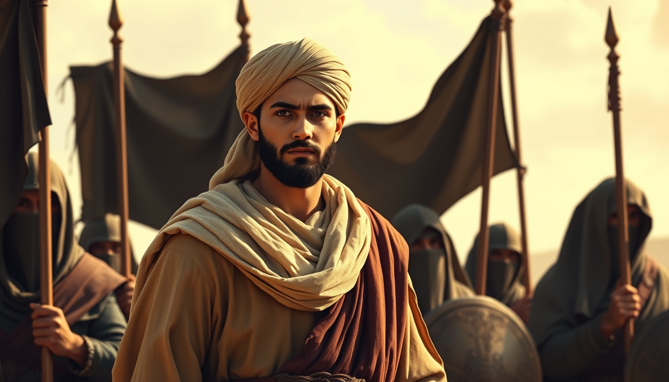 Digital illustration of a young Muslim commander wearing modest biblical cloak and turban, standing behind great Muslim warriors with a leader's expression. The medieval Muslim warriors are wearing veils and holding black banners, guarding him in open land. The theme is "The conquest of Jerusalem has come," powerful, inspired by movie graphics, featuring ambient occlusion, minimal textures, raw filter, skin retouched, dodge and burn effect, highlighting shader.