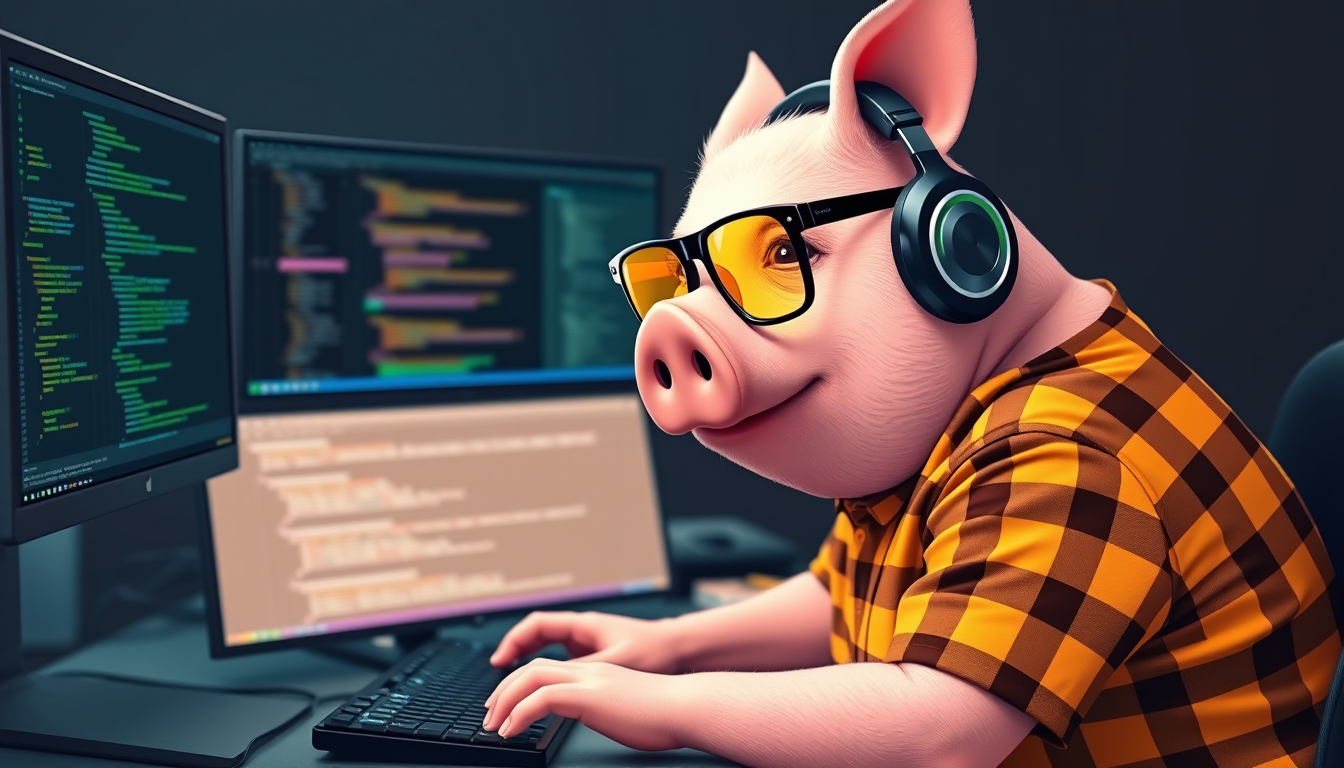 A tech-savvy pig coder, wearing yellow-tinted glasses and sleek noise-cancelling headphones, is hunched over a cutting-edge multi-monitor setup. The anthropomorphic pig exudes focus, typing furiously while dressed in a plaid t-shirt.