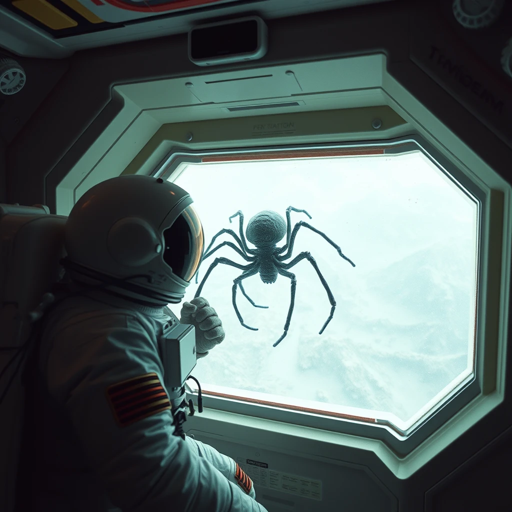 An astronaut encounters an alien resembling a spider inside a spacecraft, separated by a slightly transparent wall. Please create a photo showing it from a little farther away. - Image