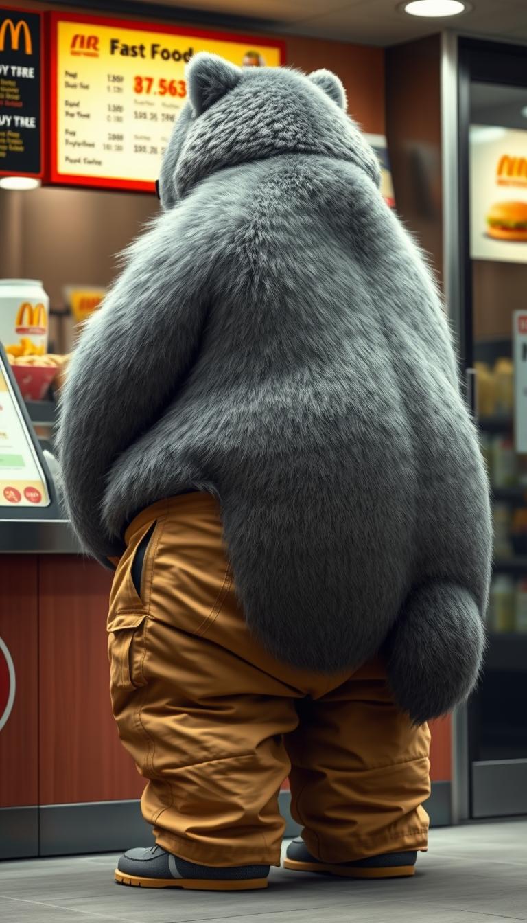 Quarter view, anthropomorphic obese gray bear-wolf hybrid, blended features. Gray and black fur with tan and white fur markings. He has a heavyset body. Wide fat bottom. Fat wide double chins. Tan obese big fat baggy cargo pants. Obese double belly tucked into pants overflowing. Full body. Uncropped. Fluffy fur. Ordering food from a fast food restaurant. Digital art, semi-realistic. - Image