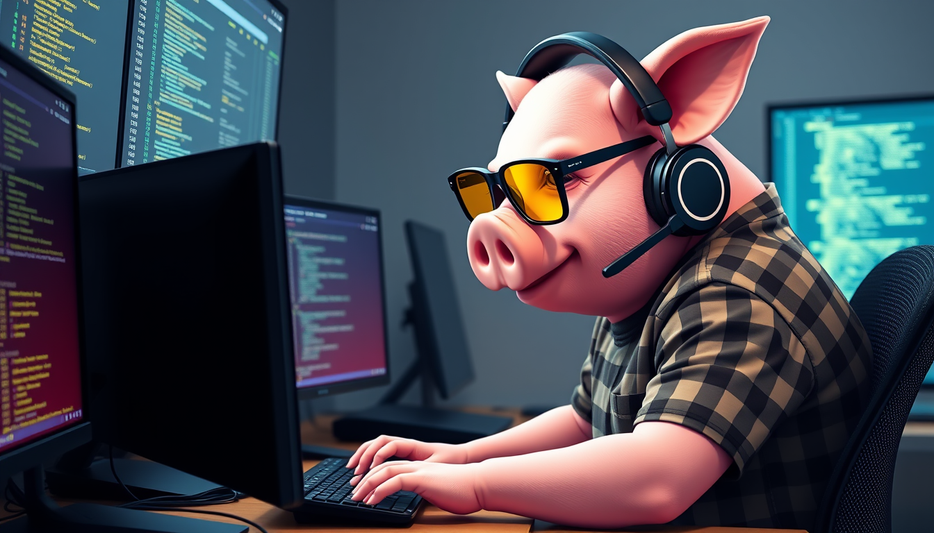 A tech-savvy pig coder, wearing yellow-tinted glasses and sleek noise-cancelling headphones, hunches over a cutting-edge multi-monitor setup. The anthropomorphic pig exudes focus, typing furiously. Dressed in a plaid t-shirt. - Image