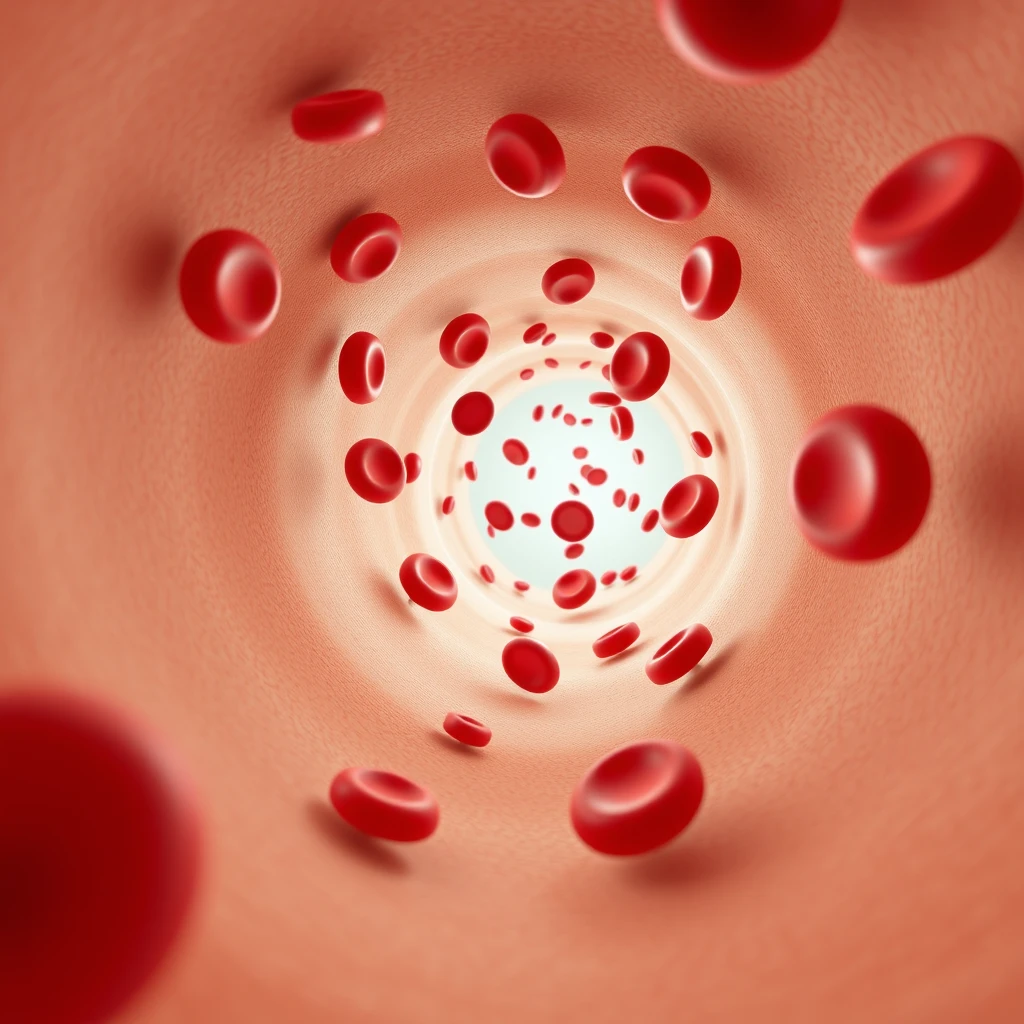 Create a realistic 3D animation of a blood vessel with red blood cells flowing smoothly through it. The vessel walls should be slightly textured, and the red blood cells should have a smooth, rounded appearance, moving naturally along the bloodstream. The animation should show the flow from a first-person perspective, traveling through the vessel to emphasize the movement and the health of the bloodstream. The overall color scheme should be warm and lifelike, focusing on the dynamic movement within the vessel. - Image