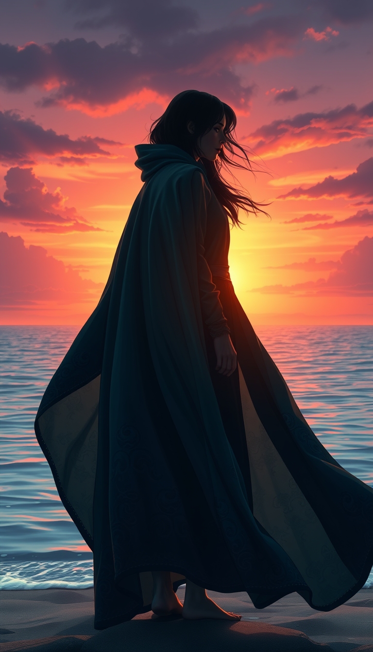 A highly detailed, photorealistic illustration of a young woman standing alone on a beach, silhouetted against a dramatic sunset sky. The woman is wearing a long, flowing teal and black cloak or cape that billows around her in the wind. Her face is obscured, with only the outline of her profile visible. The sunset colors in the background are vibrant, with shades of orange, pink, and purple reflecting off the calm ocean waters. The overall composition has a sense of mystery and contemplation, with the woman appearing to gaze out towards the horizon. The details of the cloak's intricate patterning and textures are rendered with exceptional realism, creating a captivating and immersive scene. The lighting and atmospheric effects add depth and a sense of atmosphere to the image. - Image