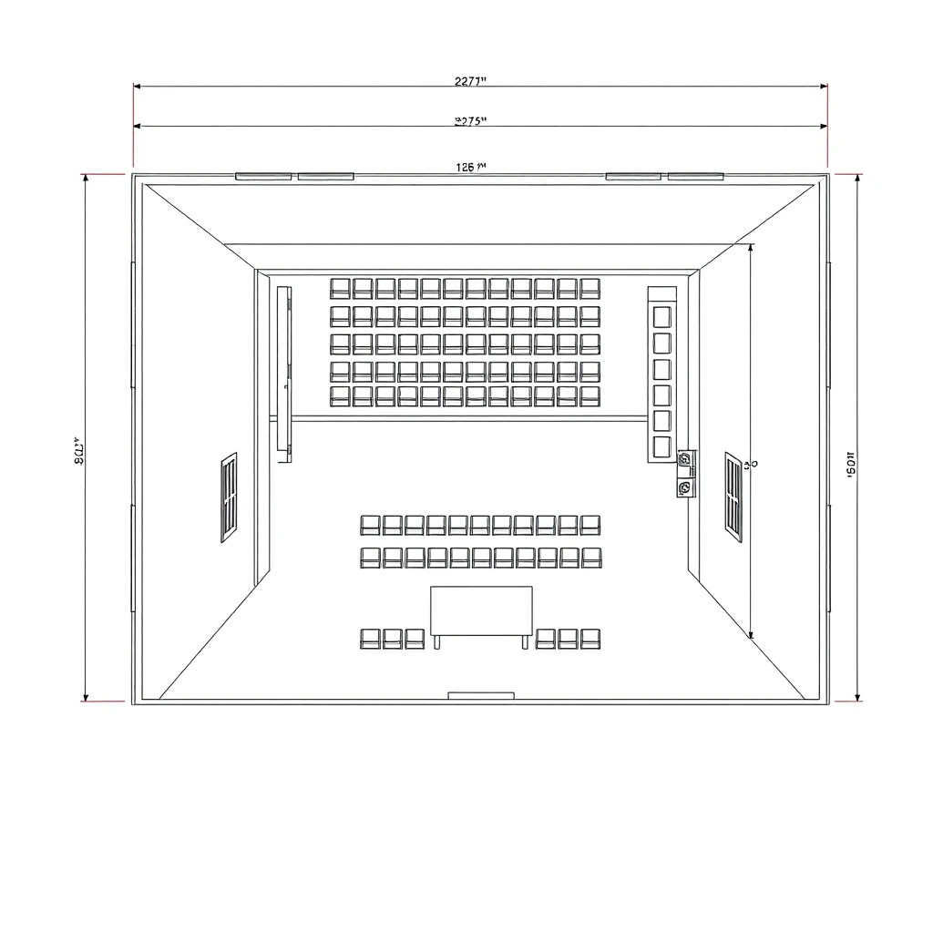 Technical drawing style. Drawing of a top plan view of a rectangular theater hall, length 22.75 meters, width 10.10 meters, with 150 seats, two rows of armchairs, with a stage 10.10 meters wide and 5 meters deep, with 3 exit doors on each side, also showing the dimensions of all the architectural measures.