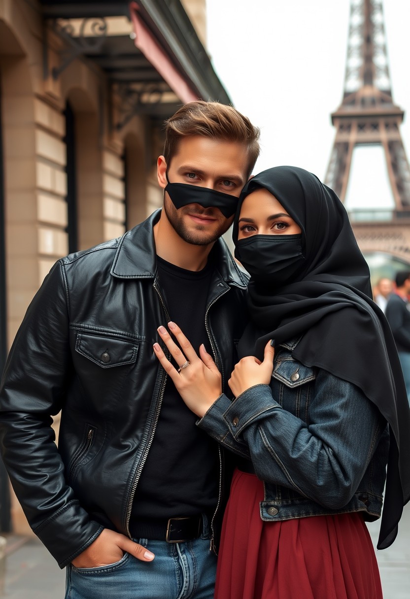 Jamie Dornan, handsome, black face mask, black leather jacket, jeans, dating, love couple with the biggest hijab Muslim girl, beautiful eyes, black face mask, jeans jacket, biggest skirt, wedding rings, Eiffel Tower, realistic, street photography. - Image