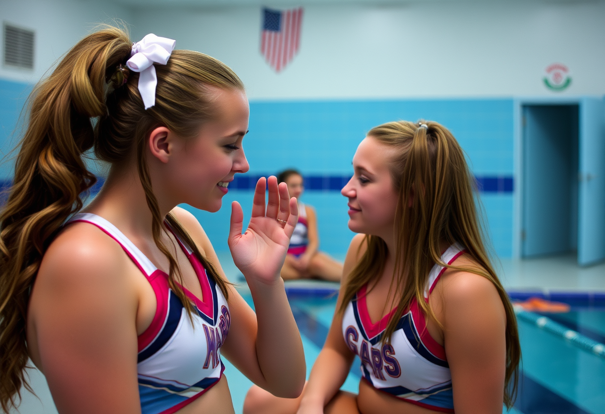 A girl at cheer camp unselfconsciously soothes herself as she realizes she has a huge crush on her counselor after seeing her alone in the pool locker room.