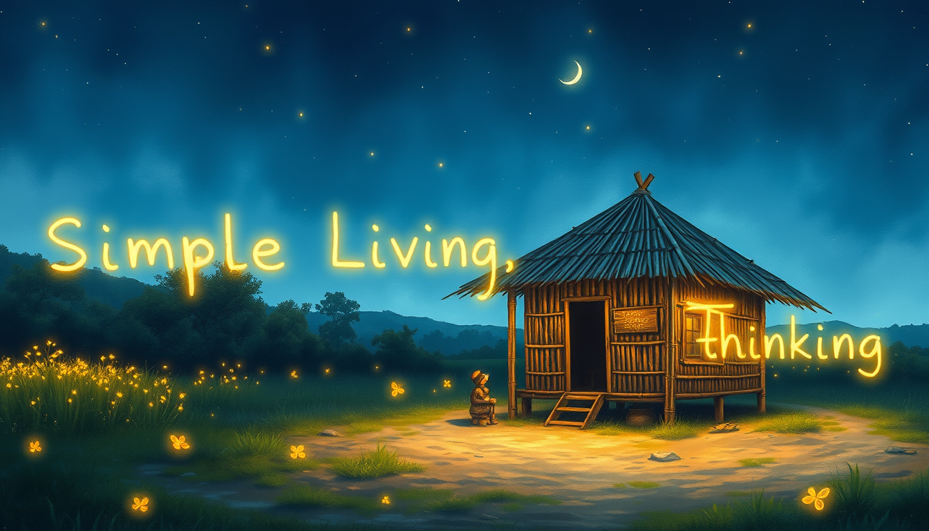 Watercolor style A humble bamboo hut in a clearing. Time-lapse shows day turning to night as glowing fireflies form the text "Simple Living, High Thinking" around the hut. - Image