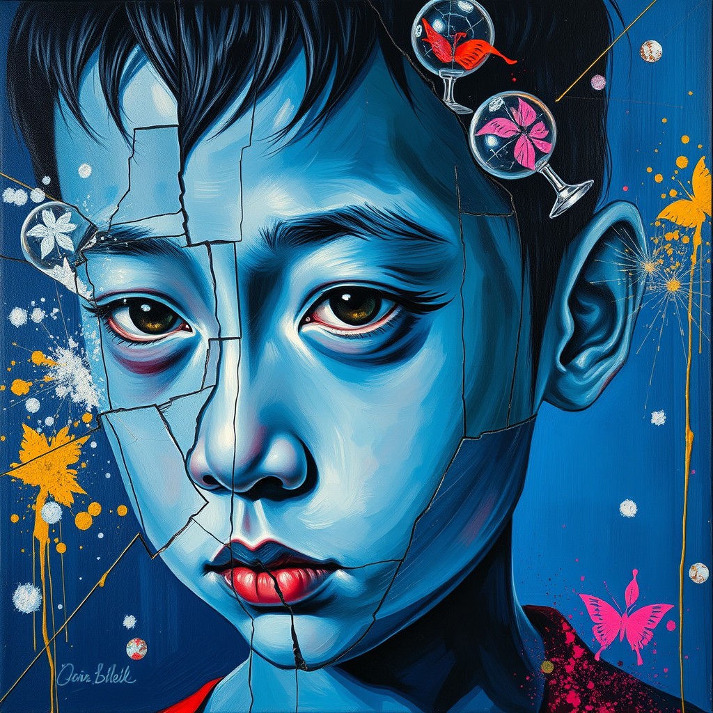 It's a Picasso-style oil painting, close up, a Chinese boy with blue skin and a broken face, surrounded by glass breakage and gold lines in a dark blue background, a colorful explosion of the spillage of powder. - Image