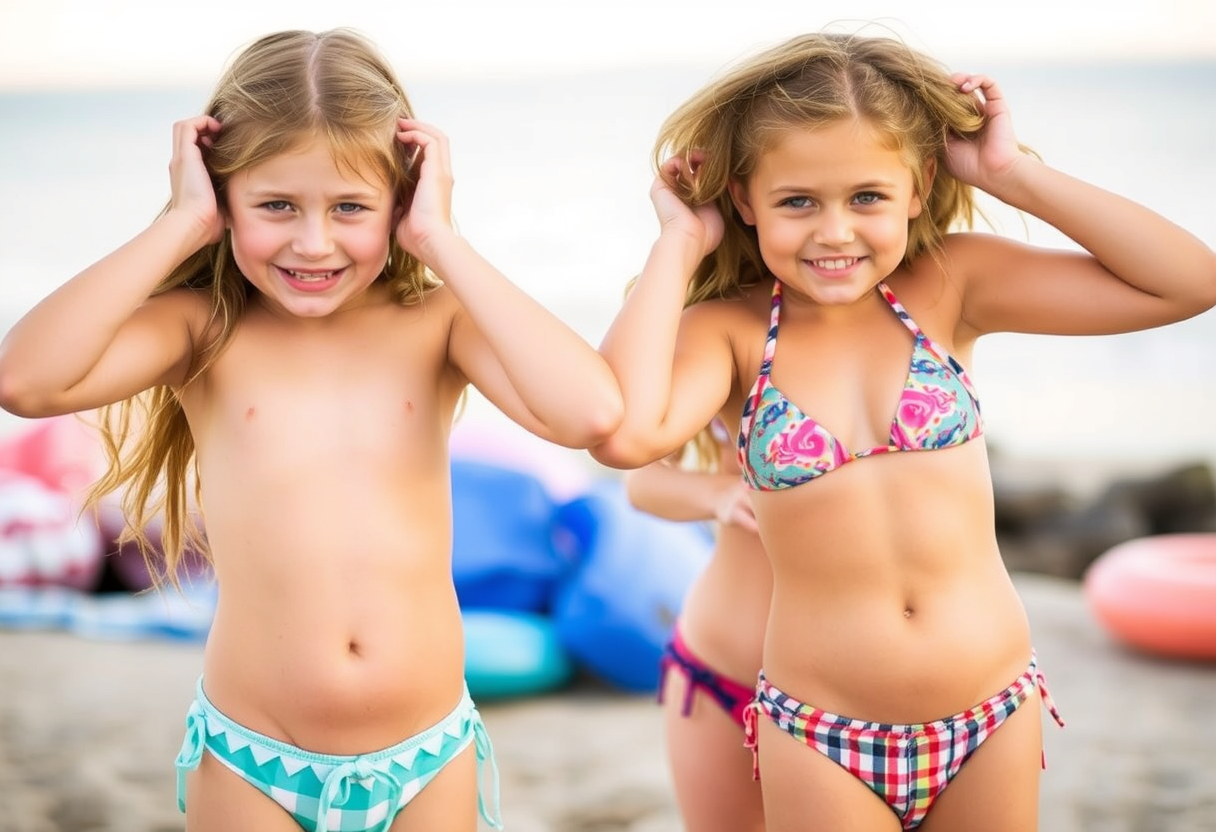 Two summer campers compare to discover which of them has the most revealing bikini. - Image