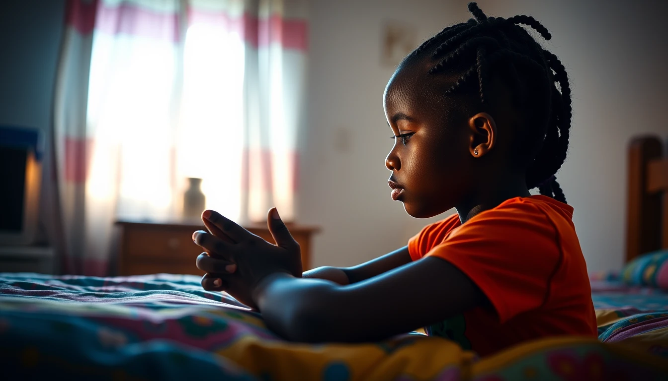 Portrait | shot from the side, Rwandan girl praying while leaning her elbows on the bed, | glowing ::8 background | light apartment, vivid, blue, green, orange ::7 parameters | rule of thirds, golden ratio, asymmetric composition, hyper-maximalist, photorealism, cinematic realism, unreal engine, 8k ::7 --ar 16:9 --s 1000. - Image