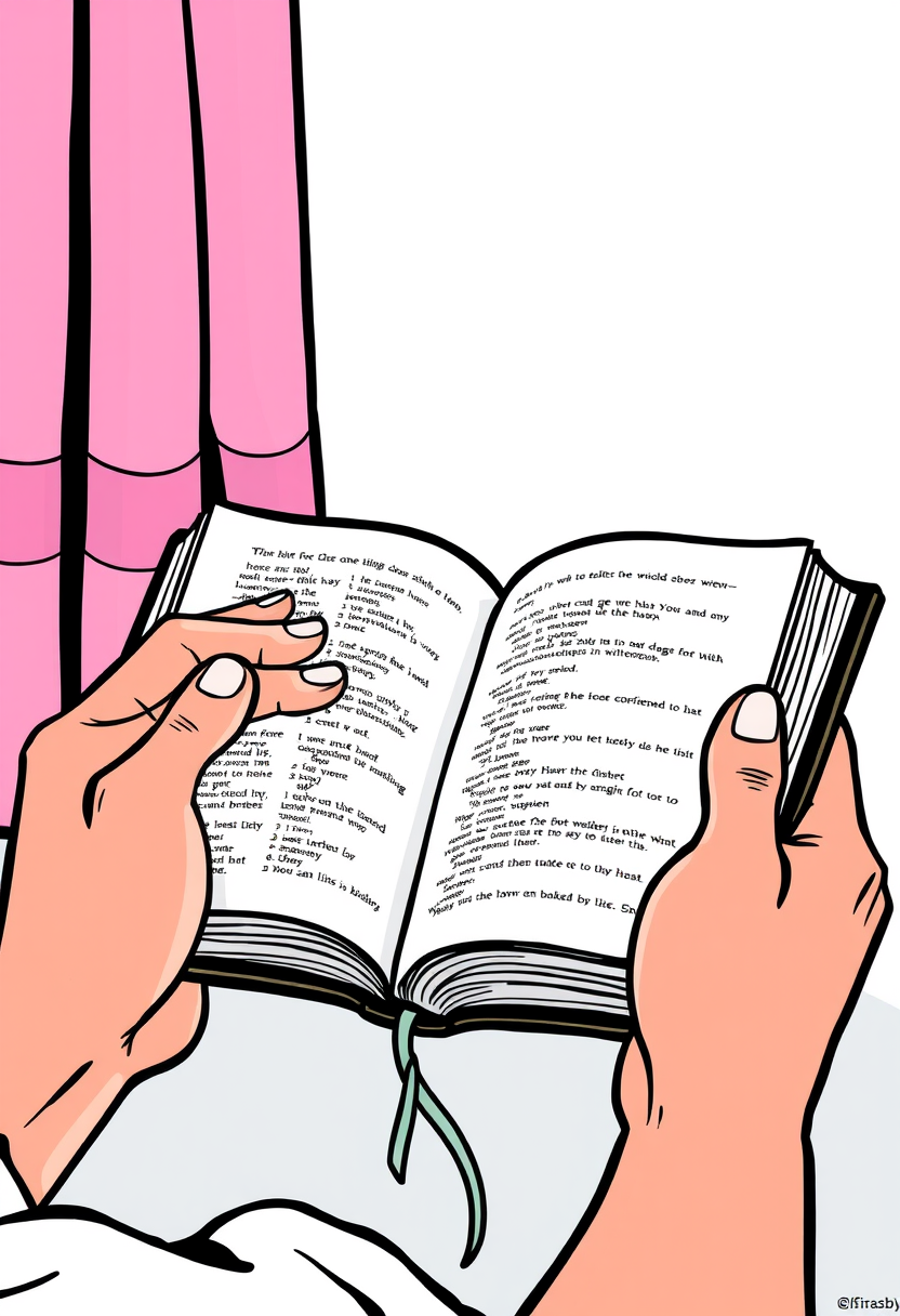 Depict a close-up of a person's hands holding an open Bible, with light shining on the pages. A coloring book page, cartoon style, thick lines, low details, no shading.