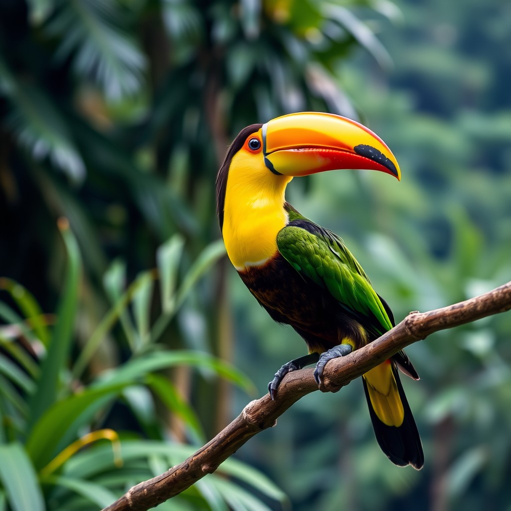 A green and yellow toucan perched on a tree branch in a tropical rainforest, a stock photo, colorful bird with a long beak, tropical birds, rare bird in the jungle, Amazon rainforest background, with a yellow beak, in a tropical forest. - Image