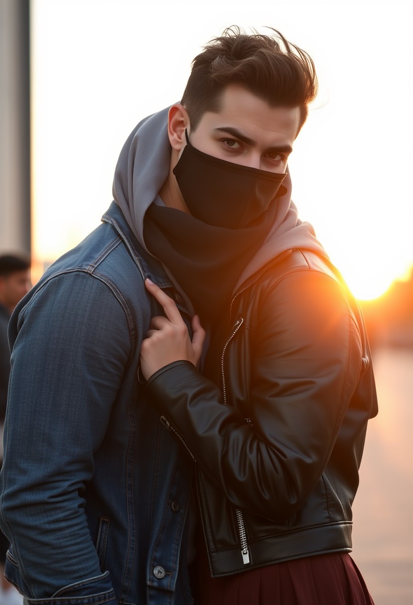 Jamie Dornan's head and body shot, handsome, black face mask, denim jacket, jeans, dating, love couple, with the biggest grey hijab Muslim girl, black face mask, beautiful eyes, black leather jacket, biggest skirt, taking picture, DSLR Canon camera, sunset, hyper-realistic, street photography. - Image