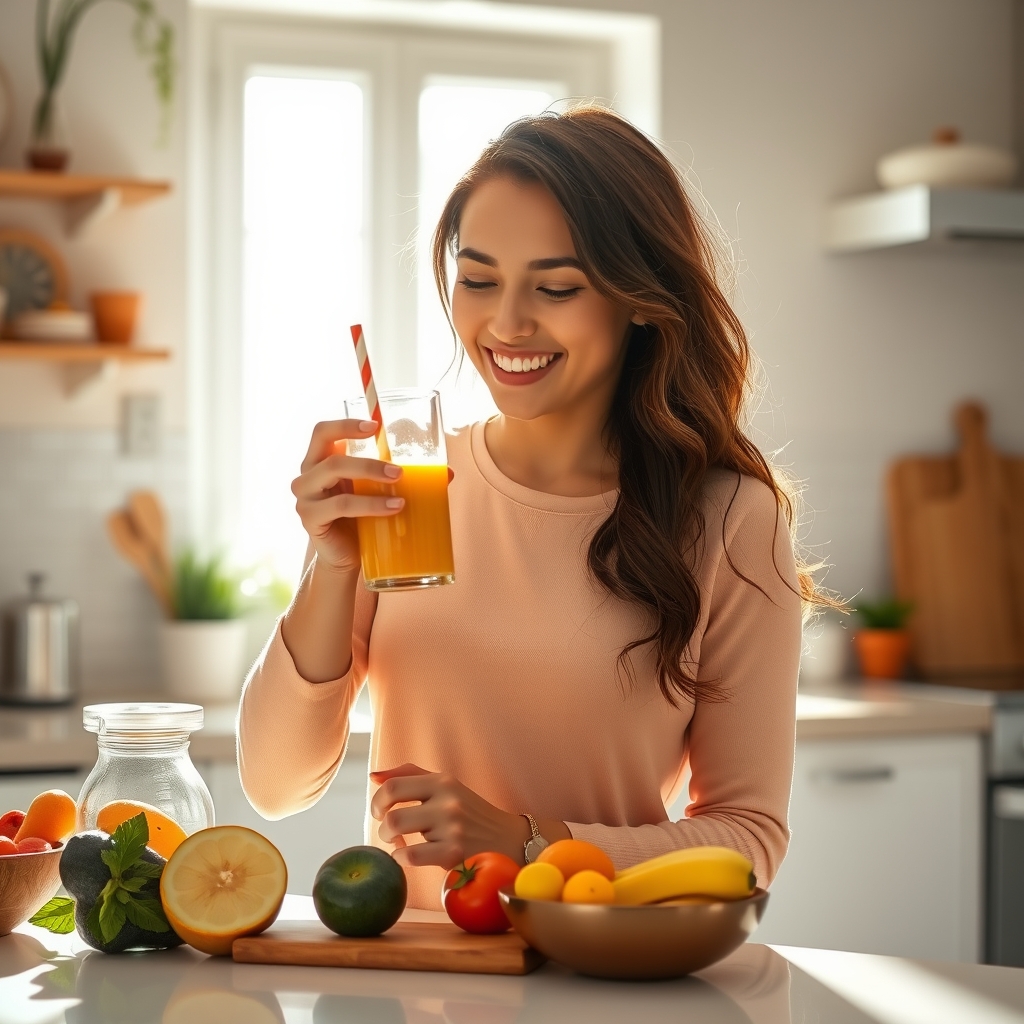 Happy young woman preparing a healthy smoothie in a bright kitchen reflecting the energy and freshness of a sunny morning. - Image