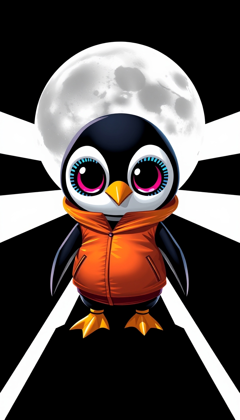 A stylized illustration of a penguin-like character wearing an orange vinyl jacket, set against a stark black and white geometric background with a large full moon. The character has large expressive eyes with colorful patterns around them, and a bold, minimalist and modern design aesthetic. The overall composition has a pop art, retro futuristic feel. Highly detailed, intricate patterns, vibrant colors. Rendered in a 3D, photorealistic style. - Image