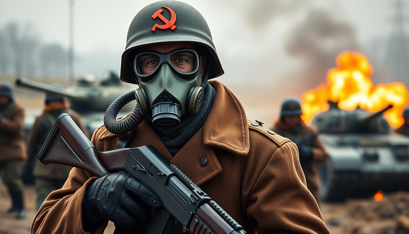 Generate a Soviet conscript soldier, wearing a gas mask with a tube attached to an air filter, donning a Russian-style helmet adorned with the red Soviet hammer and sickle logo, dressed in a brown long coat, black leather gloves, and a brown leather belt, holding an AK-47 automatic rifle, standing in a battlefield with similar soldiers in the background, an explosion occurring in the background, and Soviet T-54 tanks visible behind them, with the background blurred. - Image