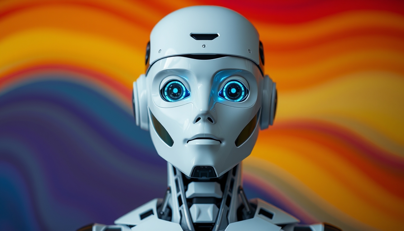 Photo portrait of AI robot, isolated on a colored background, 8k UHD, highly detailed.